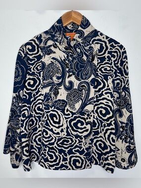 Harari Women’s Navy Blue Ivory Asian Inspired 100% Crepe Silk Wrap Blouse